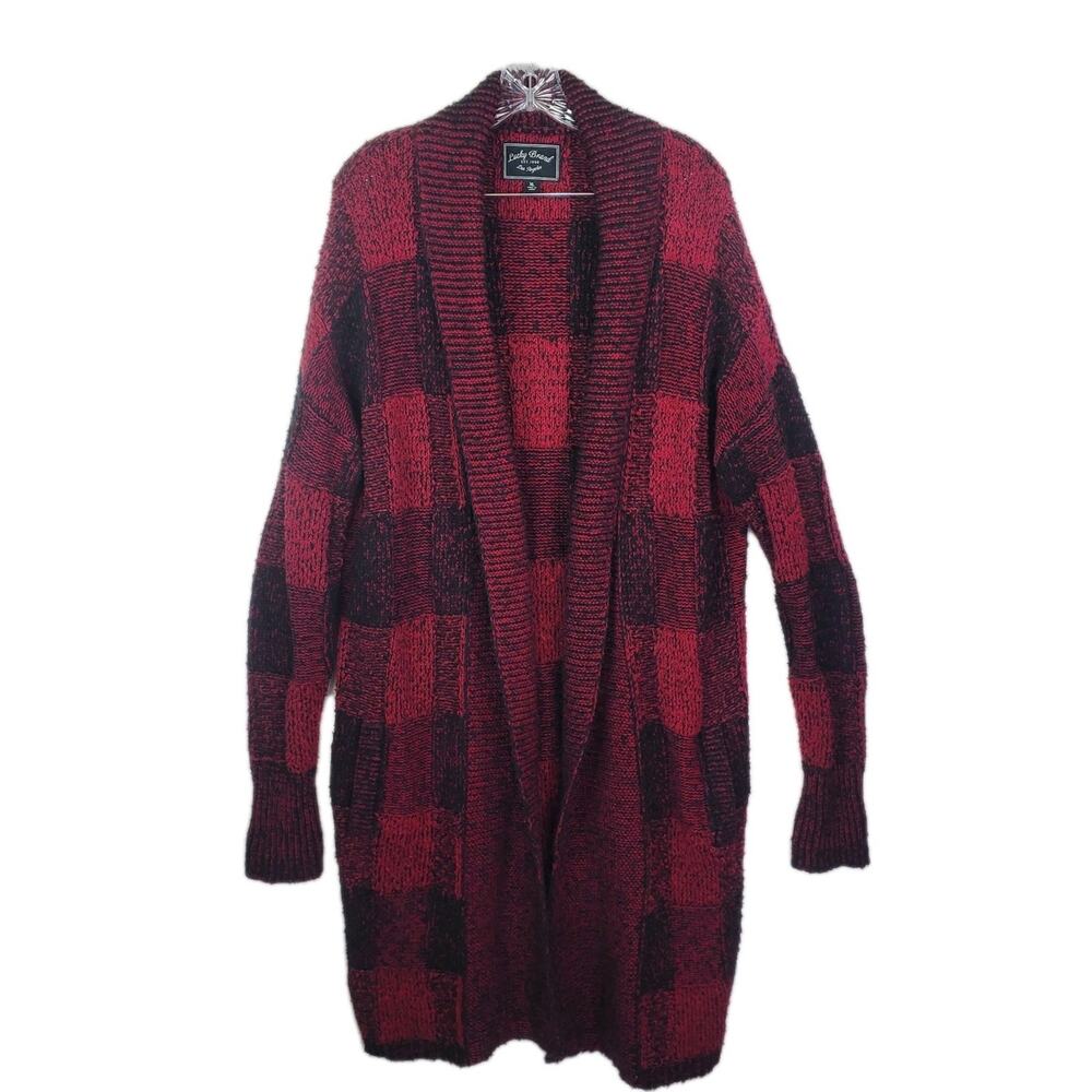 Lucky Brand LA Long Line Open Cardigan Duster Buffalo Check Plaid Sweater XL